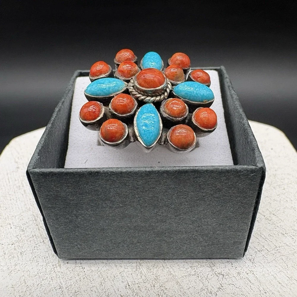 Anja Ring Women Size 8 Sterling Silver Orange Blue Turquoise Spiny Oyster Exc